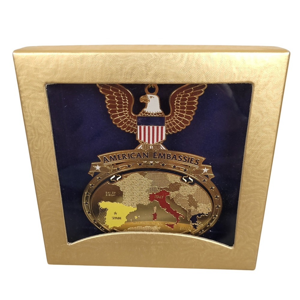 Vintage ChemArt American Embassies Ornament 24kt Gold Brass Patriotic EUC in Box